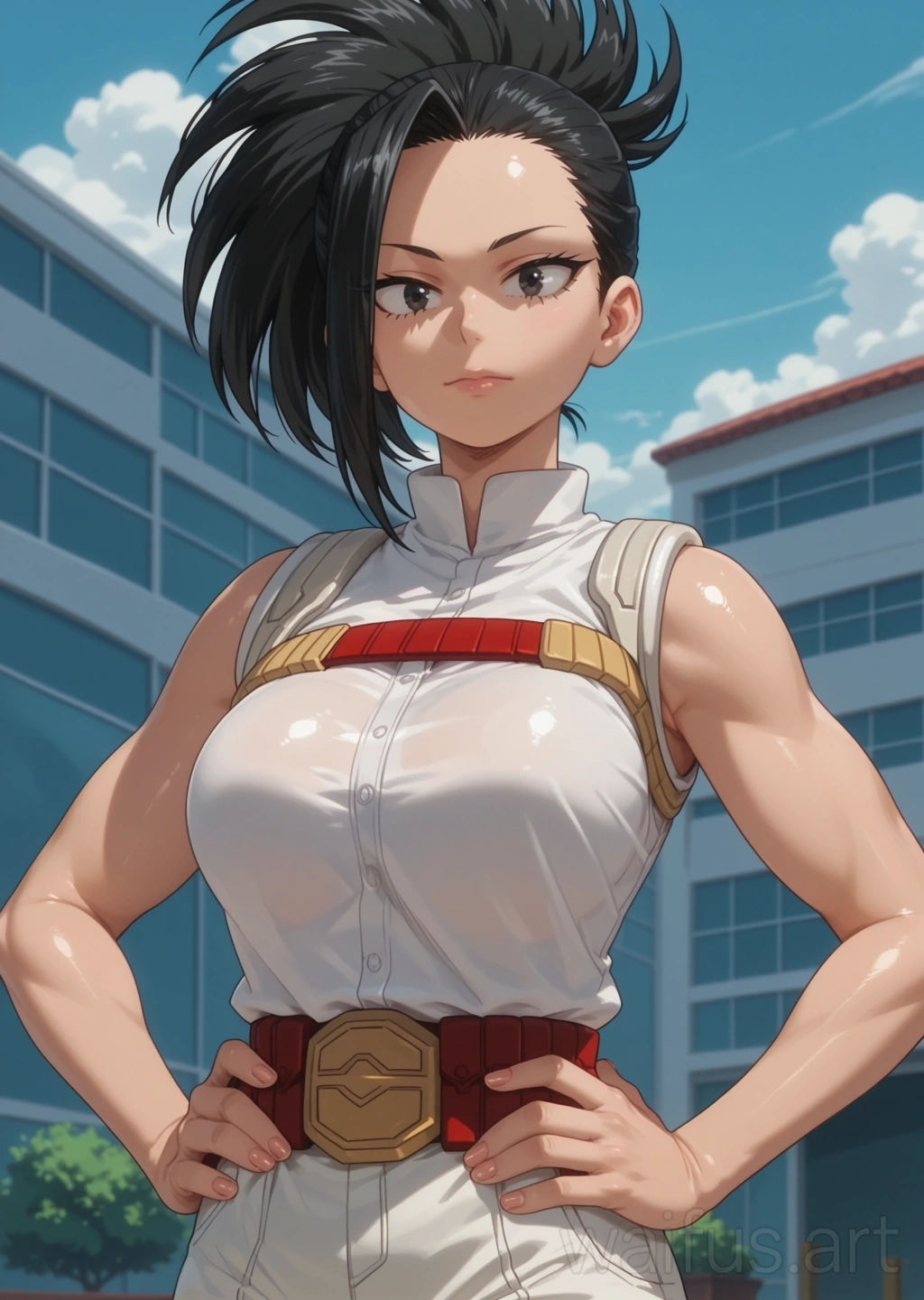 Yaoyorozu Momo (Boku No Hero Academia) - manos en la cintura parte superior del cuerpo de pie