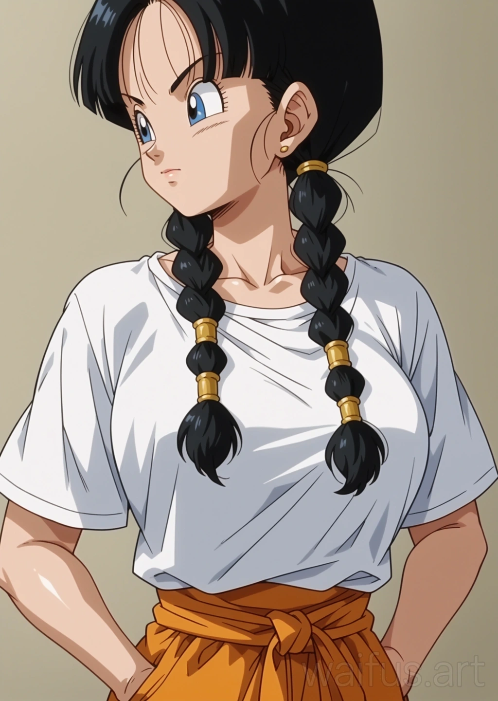 Videl (Dragon Ball Z) - hands on waist upper body standing