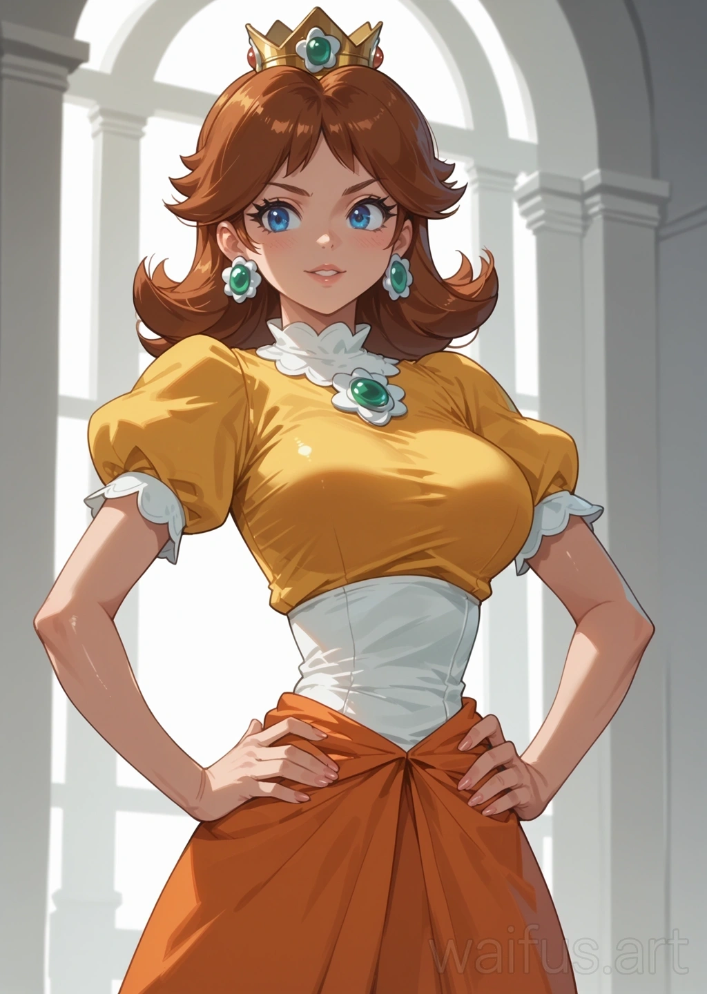 プリンセスデイジー (スーパーマリオブラザーズ) - 腰に手を当てる 上半身 立ち絵
