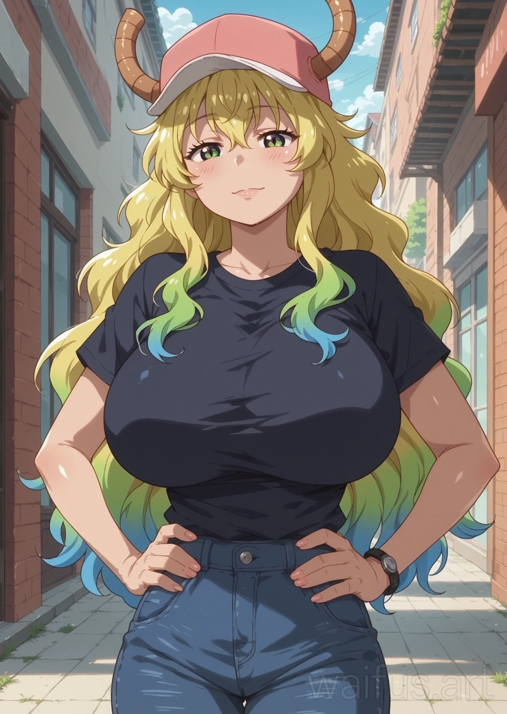 Lucoa (Maid Dragón) - manos en la cintura parte superior del cuerpo de pie