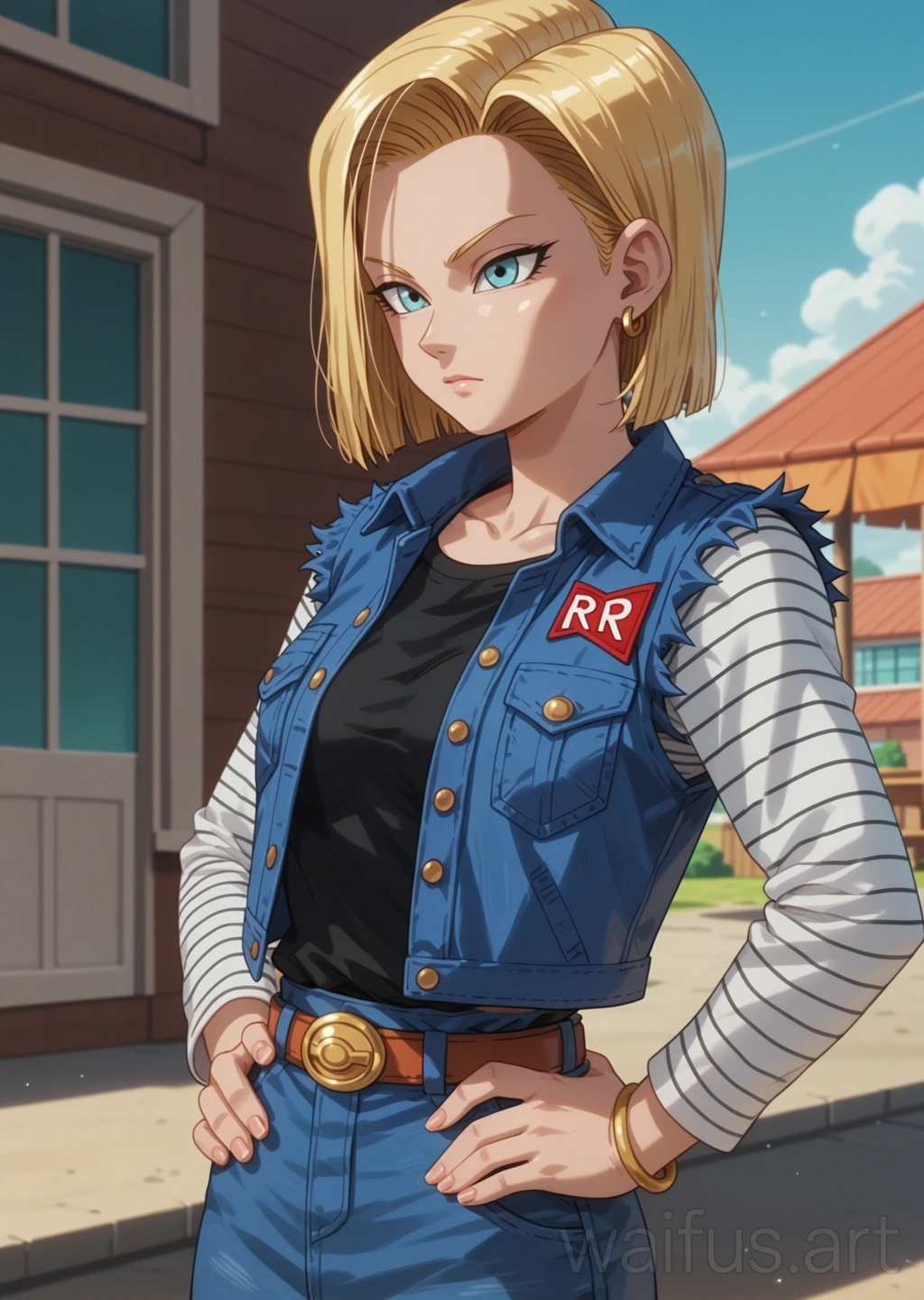 Android 18 (Dragon Ball Z) - hands on waist upper body standing