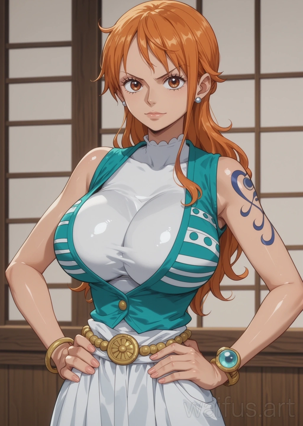 Nami (One Piece) - hands on waist upper body standing