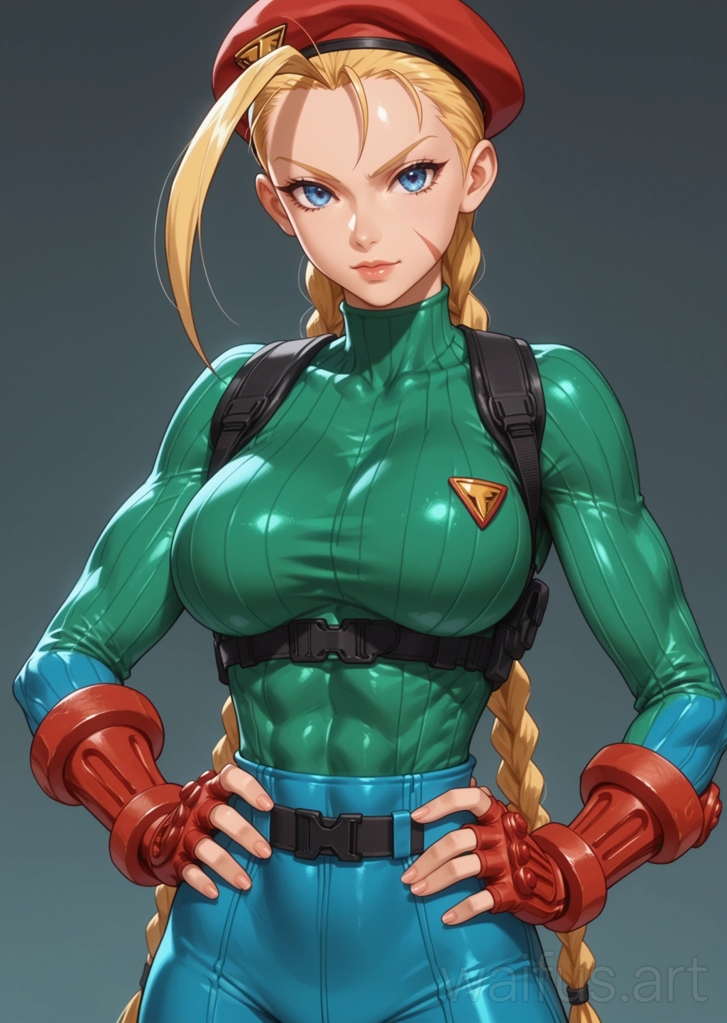 Cammy White (Street Fighter) - manos en la cintura parte superior del cuerpo de pie