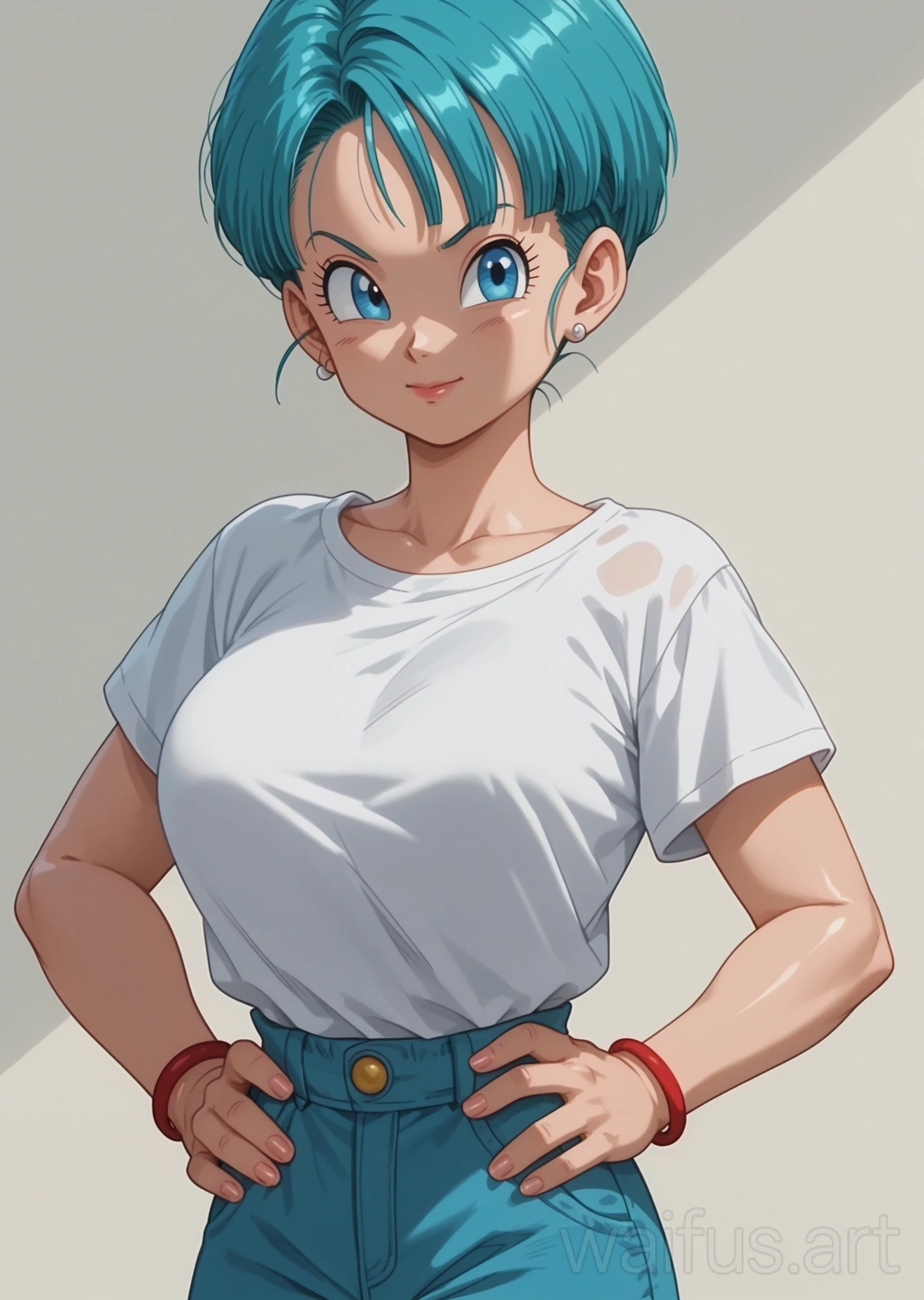 Bulma (Dragon Ball) - hands on waist upper body standing