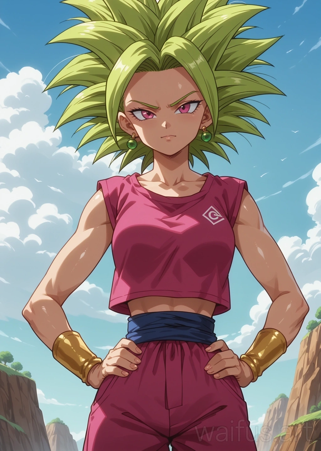 Kefla (Dragon Ball) - hands on waist upper body standing