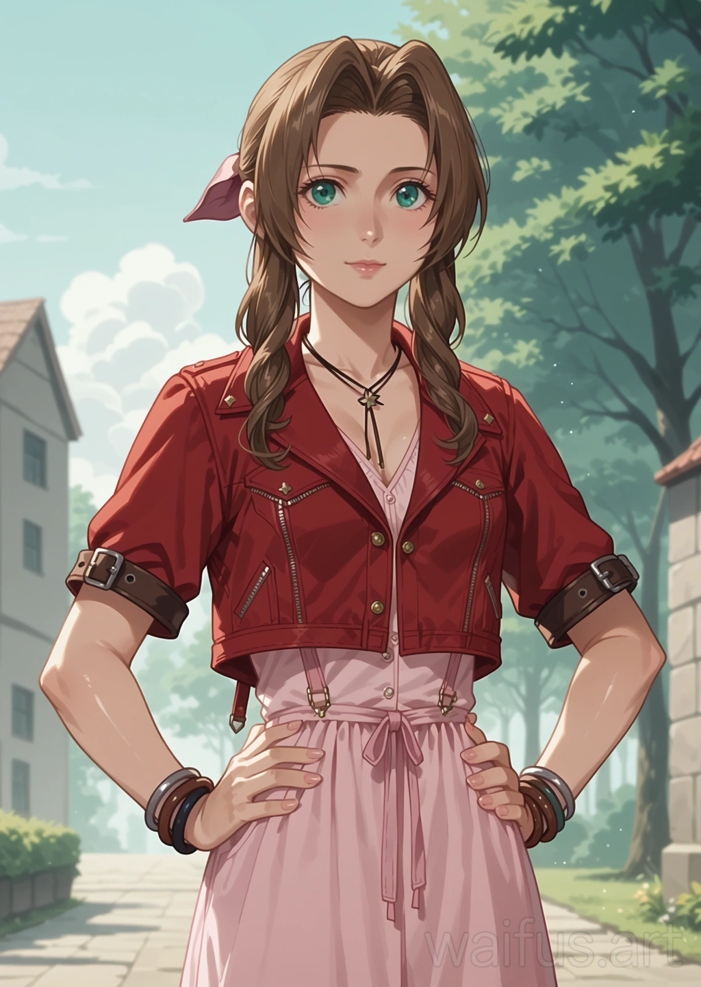 Aerith Gainsborough (Final Fantasy) - hands on waist upper body standing