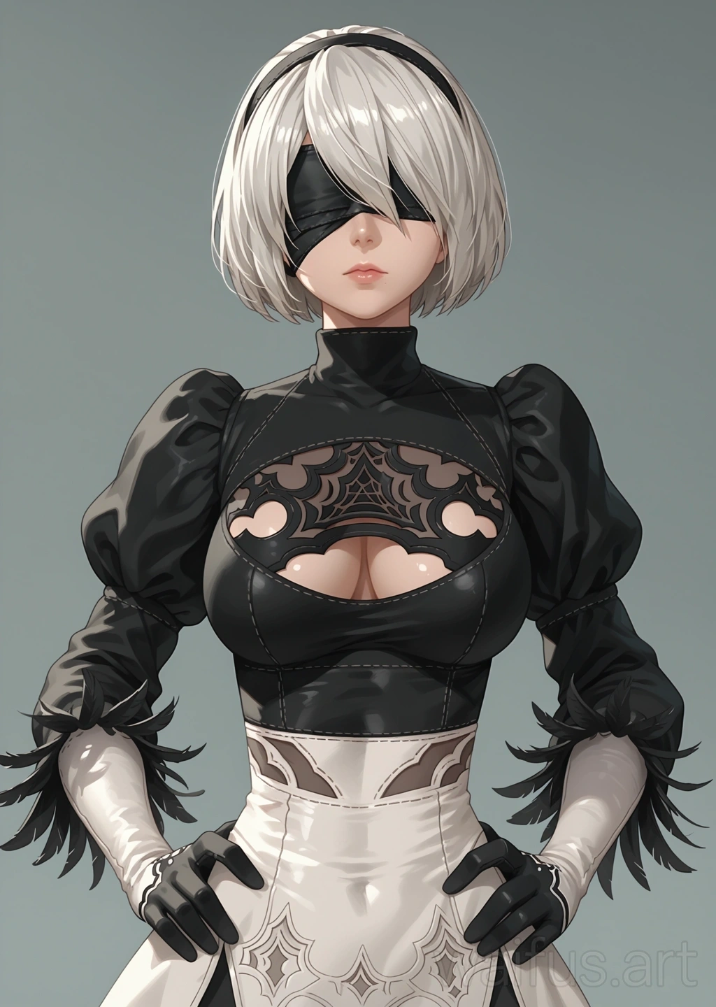 Йорха 2б (Nier Automata) - руки на поясе верхняя часть тела стоя
