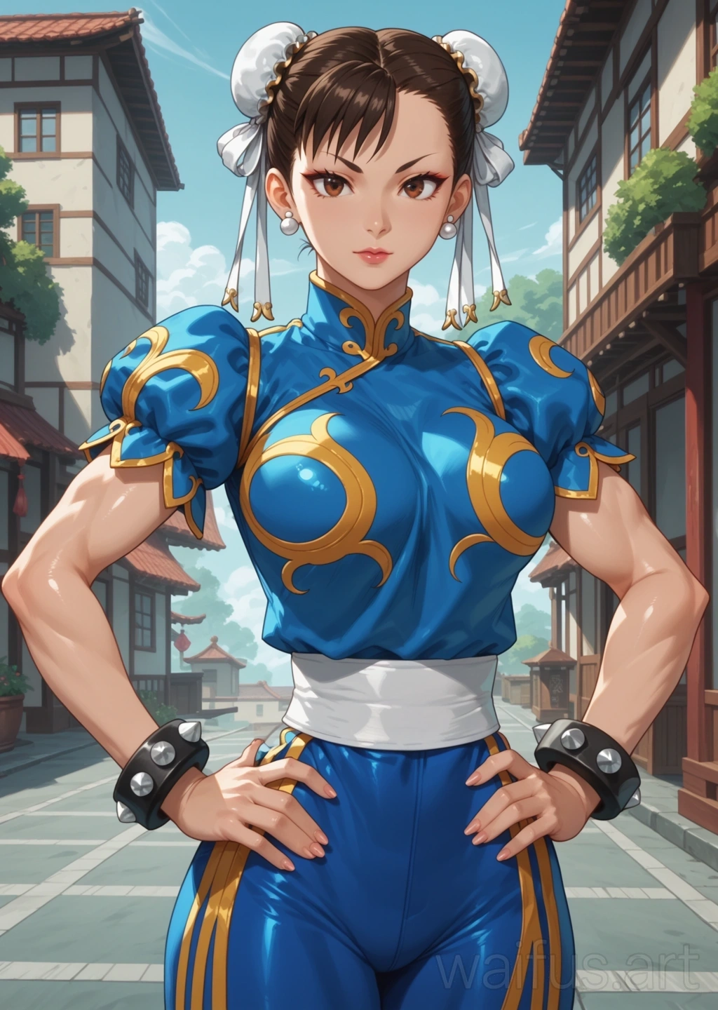 Chun Li (Street Fighter) - hands on waist upper body standing